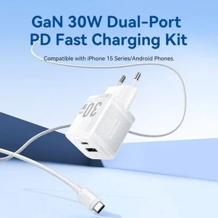 Vention Cargador de Pared GaN 30W con 1xUSB Tipo-C, 1xUSB y Cable USB Tipo-C TZ-FEQB0-EU-01 Vention Cargador de Pared GaN 30W con 1xUSB Tipo-C, 1xUSB y Cable USB Tipo-C TZ-FEQB0-EU-01